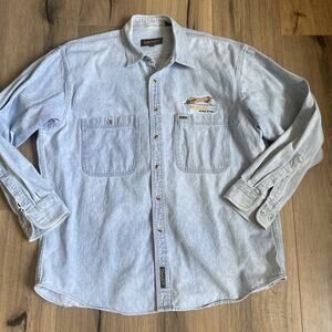 Timberland Vintage 90S Jean Chambray Shirt Size Large WDG Wild Dogs Embroidery